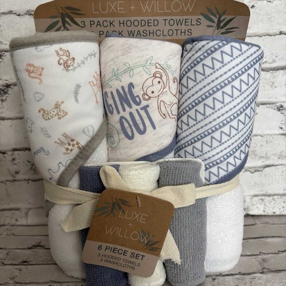Luxe + Willow Animal 6 Piece Set 3 Hooded Towels 3 Washcloths NWT